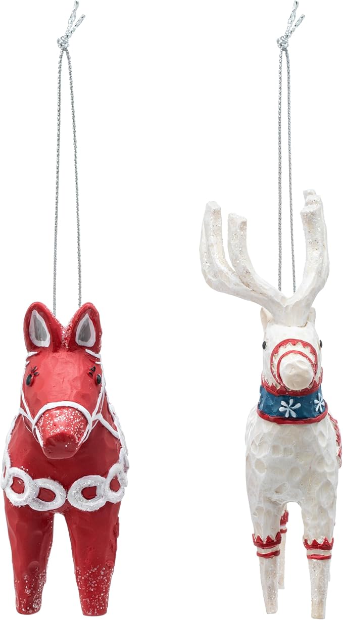 DEMDACO Cozy Time Red, White 3.5 x 3 Inch Resin, Polyester Christmas Tree Decoration, Festive Holiday Décor, Hanging Ornaments, Set of 2, Scandinavian Lucky Horse and Deer