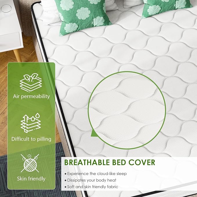 PayLessHere | 8 Inch Queen Mattress | Medium Firm Hybrid Mattress | White | with High-Density Foam and Breathable Cover | Pocket Spring Design, Pressure Relief | Bed in a Box, CertiPUR-US Certified