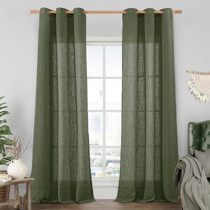 Olive Green Linen Curtains 84 inch Length, Soft Linen Textured Light Filtering by LAMIT