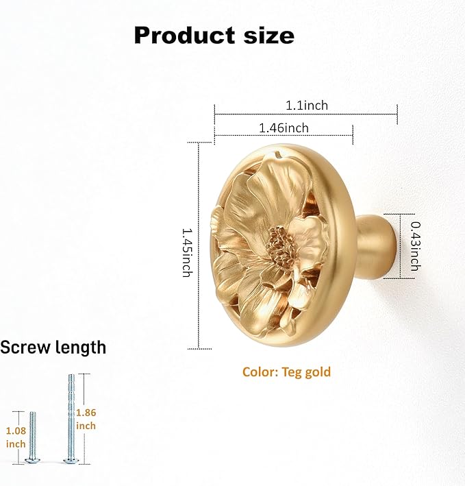 Flower Cabinet Pulls Handle Knob Drawer for Kitchen Dresser Wardrobe Bathroom and Cupboard One Hole Hardware Knobs for Girl Easy Installation Pack of 4 Champagne Bronze