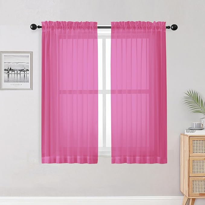 Hot Pink Sheer Curtains for Bedroom Living Room 54 Inch Length 2 Panels Set by OWENIE
