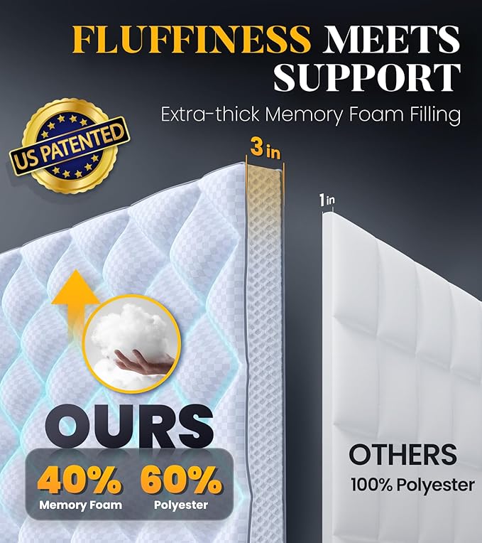 3 Inch Ultra-Fluffy Memory Foam Mattress Topper Full XL for Back Pain, Extra Soft Pillow Top Full XL Mattress Topper with 4X Support, Mattress Pad with Breathable Air Mesh Sides, 6-21'' Deep Pocket