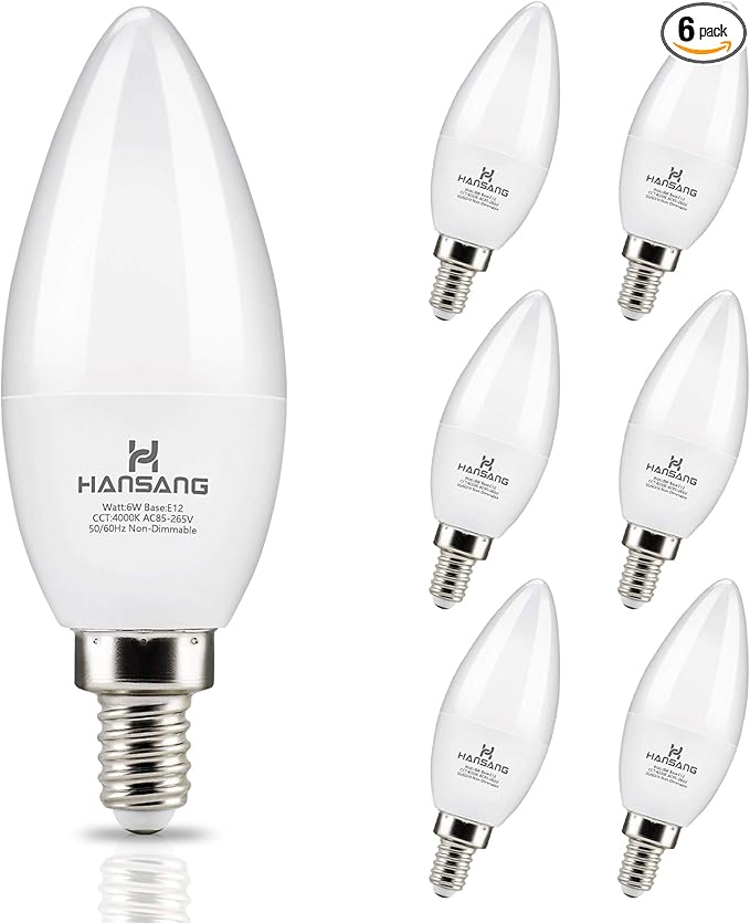 hansang E12 Candelabra LED Bulbs 4000K Daylight Ceiling Fan Light Bulb 6W, 60W Equivalent, Type B Light Bulb for Chandelier, C37 600LM,No-Dimmable 6 Pack