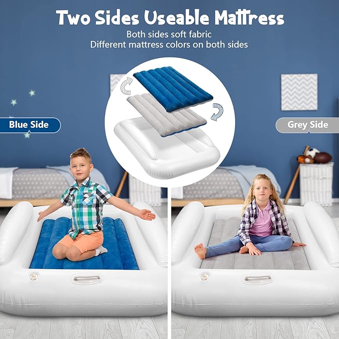 Inflatable Toddler Travel Bed, Portable Toddler Bed | Kids Air Mattress with Sides | Reversible 2 Colors Kids Blow Up Mattress -Navy Blue & Grey
