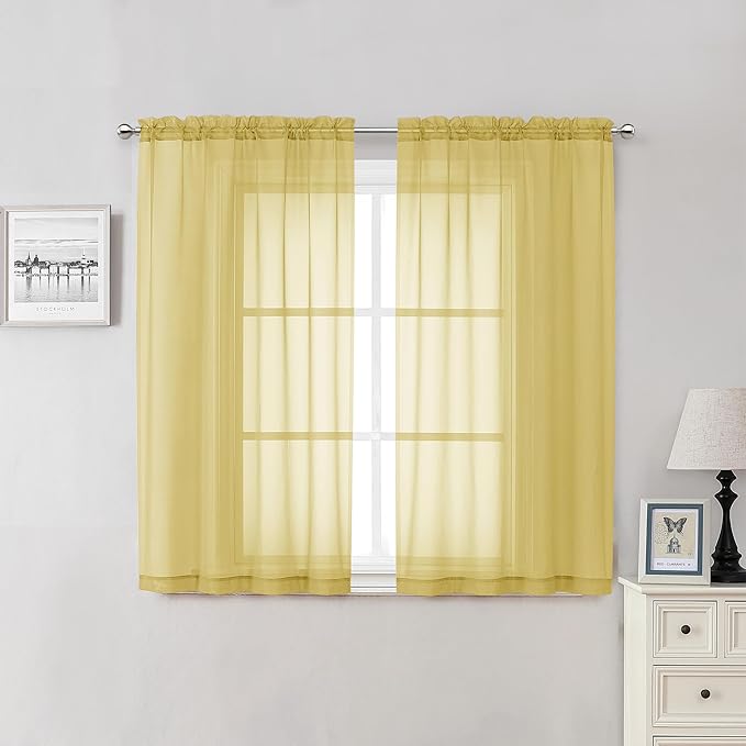 Yellow Sheer Curtains 54 Inch Length 2 Panels, Light Filtering Voile Curtain by Lecloud