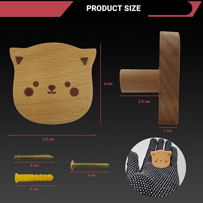 4PCS Wooden Cat Shaped Cabinet Knobs, Cabinet Handles, Single Hole Beech Wood Handles, Wood Hooks with Full Set of Screw Accessories