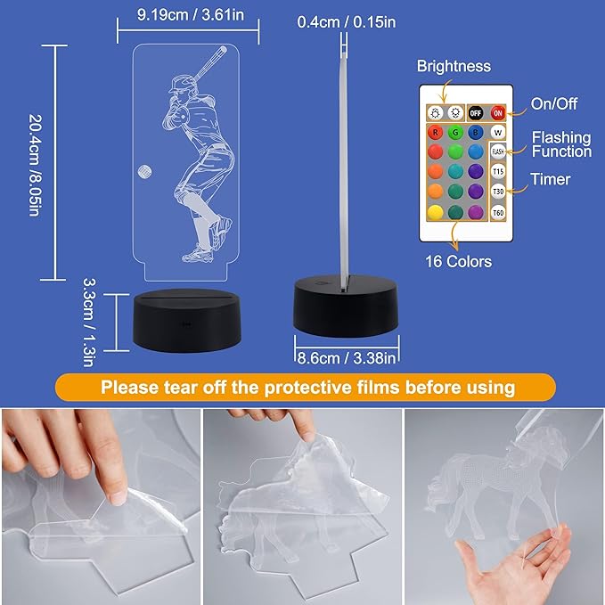 FULLOSUN Baseball 3D Night Light, Sport Gifts Bedside Lamp for Xmas Holiday Birthday Gifts for Baseball Fan with Remote Control 16 Colors Changing + 4 Changing Mode + Dim Function
