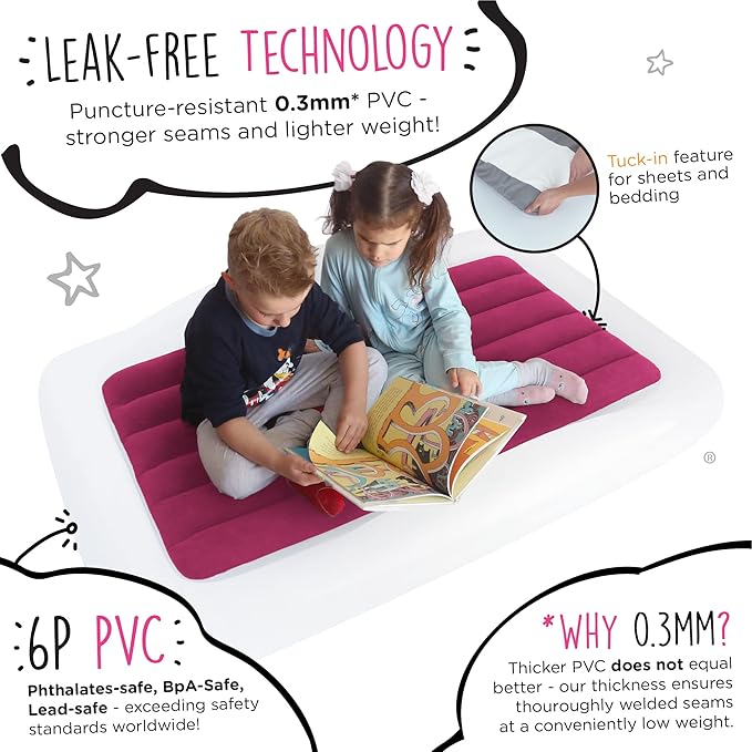 The Shrunks Pink Toddler Travel Bed | Inflatable Kids Air Mattress with Safety Bumpers & Electric Pump | Portable Blow-Up Bed for Camping, Sleepovers, Travel | Floor Bed Fits Standard Crib Sheets