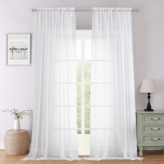 White Sheer Curtains 102 Inches Long 2 Pcs, Light Filtering Living Room Curtains by Lecloud