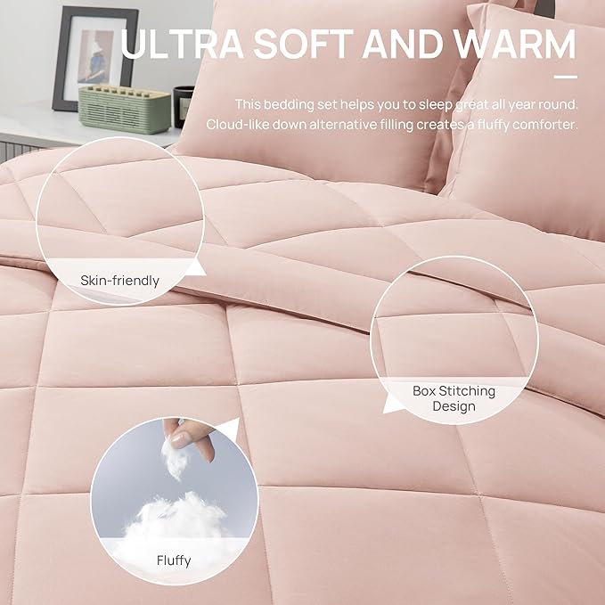 Love's cabin Queen Comforter Set Pink, 7 Pieces Queen Bed in a Bag, All Season Bedding Sets with 1 Comforter, 1 Flat Sheet, 1 Fitted Sheet, 2 Pillowcase and 2 Pillow Sham