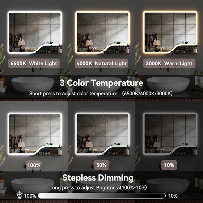 36"x 28" LED Bathroom Mirror with Shelf, Wall-Mounted Backlit Vanity Mirror with Lights, Smart Bathroom Mirror with 3 Colors, Anti-Fog, Stepless Dimmable, Memory (UL, ETL)
