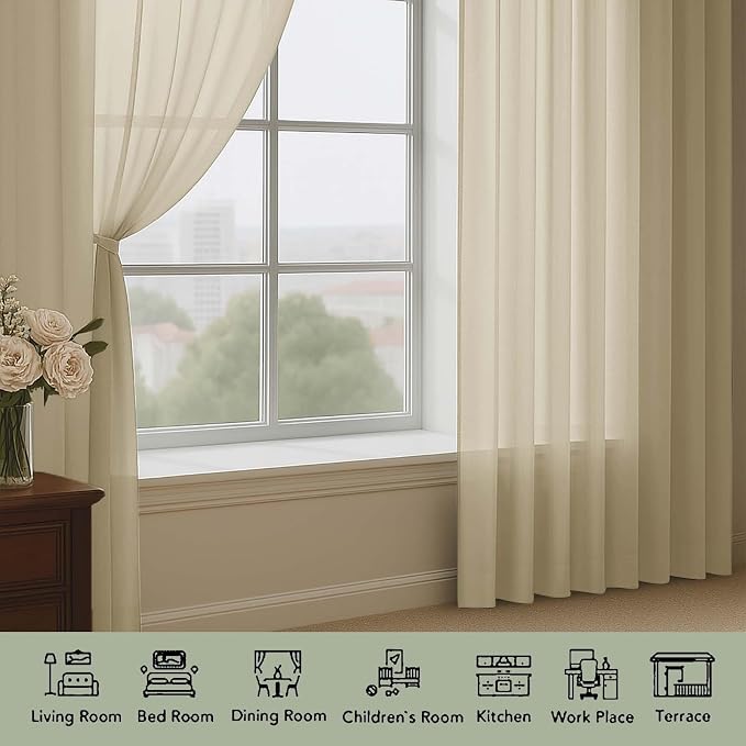 Sheer Curtains 84 Inches Long 2 Panels Set, Sheer Taupe Curtains - Image 3
