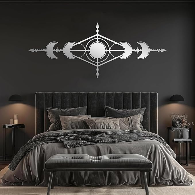 Hfrolixit Moon Phase Metal Wall Decor, Boho Moon Metal Wall Art, Celestial Wall Decor, Scandinavian Natural Wall Art, Astrology Wall Hanging (Silver, 30"x12"/76x31cm)