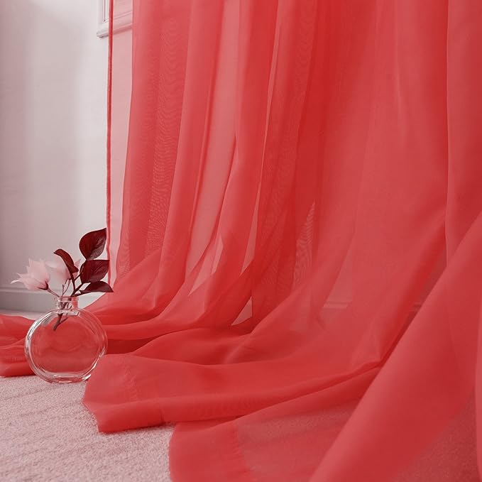 HUTO Christmas Red Sheer Curtains 54 inches Long for Bedroom Top Rod Pocket Sheer Window Panels Curtains for Nursery Living Room 52 by 54 Inch Length Set of 2