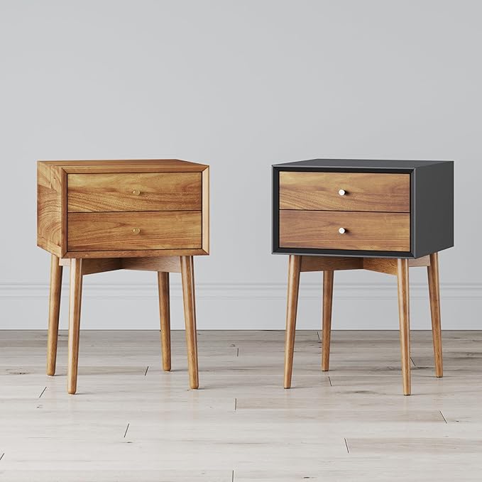 Nathan James Harper Modern Nightstand Side Accent or End Table with Storage Drawer, Set of 2, Black/Brown