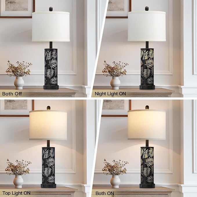 Set of 2 Rustic Table Lamps for Living Room Bedroom, Vintage Farmhouse Nightstand Lamp with 2 USB Ports, Hollow Out Black Metel Lamp for End Table with Nightlight (Retro Black)