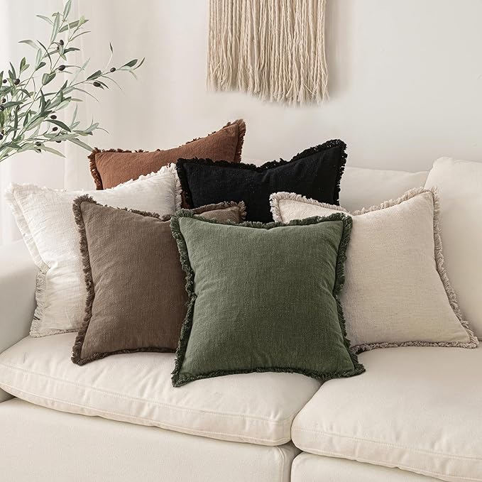 MIULEE Linen Fringe Decorative Fall Throw Pillow Covers Cocoa Brown 20x20 | Set - Image 6