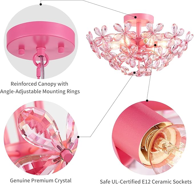 WUZUPS Crystal Chandelier Flushmount Ceiling Light Modern Lighting Fixture for Bedroom Hallway Bar Kitchen Bathroom, H 8.9" x W 17.7", Pink, E12 Base