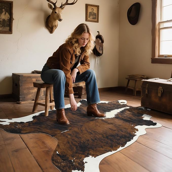 Faux Cowhide Rug, Animal Cow Hide Rug, 7 x 6.2 Ft Black and Brown | Premium - Image 5