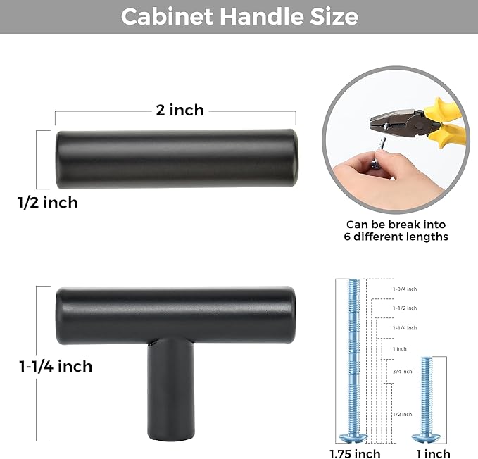 15 Pack Matte Black Cabinet Knobs - Kitchen Cabinet Knobs Black Cabinet Pulls for Kitchen Cabinet Drawer Stainless Steel Dresser Knobs for Cabinet Hardware 2in Length Single Hole T Bar