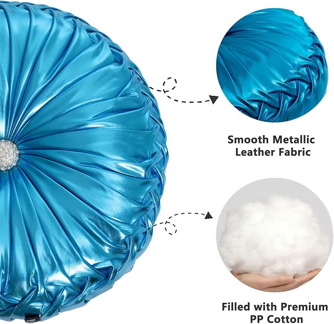 HIG Set of 2 Blue Metallic Leather Decorative Round Pleated Throw Pillows | - Image 3