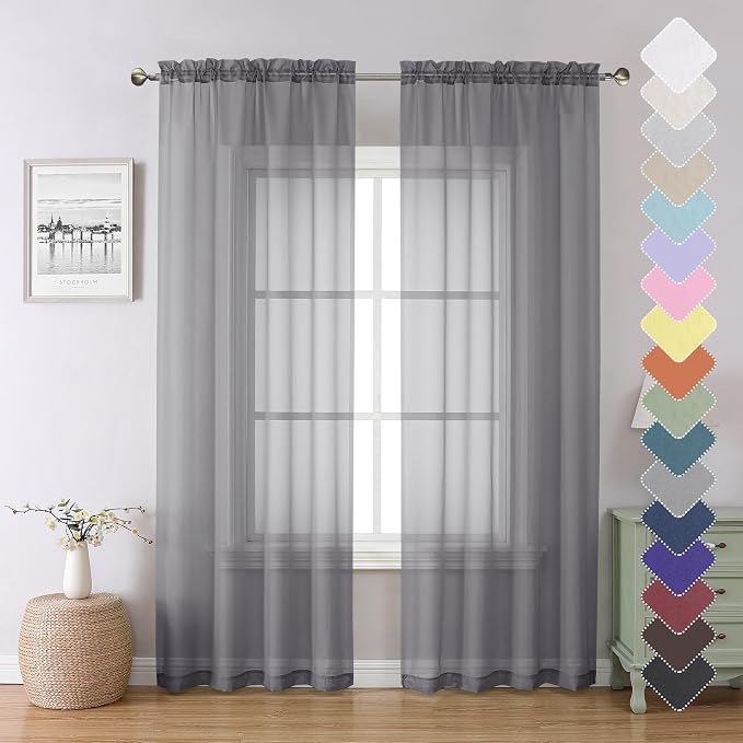 Charcoal Grey Sheer Curtains 84 Inches Long 2 Panels, Voile Airy Light by Lecloud