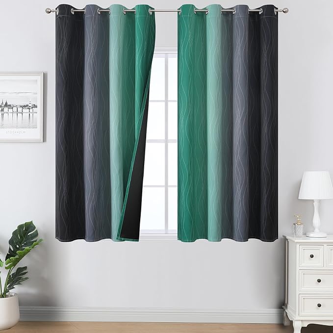 Black and Green Ombre Blackout Curtains 54 Inches Long | Gradient Curtains by ESTELARTEXTILER