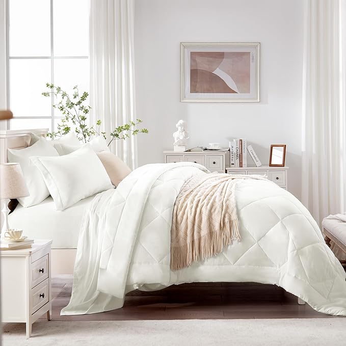 Love's cabin Full Comforter Set Ivory, 7 Pieces Full Bed in a Bag, All Season Bedding Sets with 1 Comforter, 1 Flat Sheet, 1 Fitted Sheet, 2 Pillowcase and 2 Pillow Sham