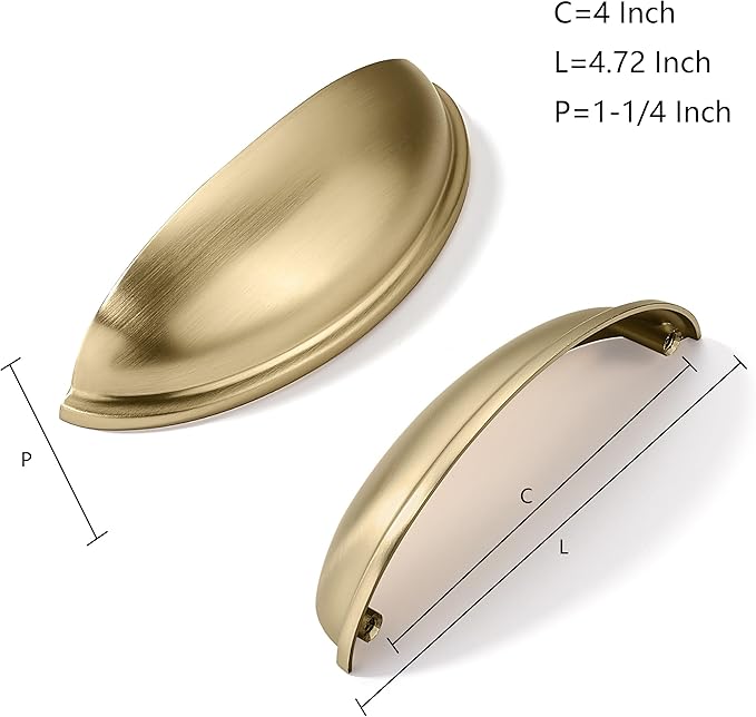 khtumeware 2 Pack 4" Drawer Pulls Brushed Brass Cabinet Cup Pulls Kitchen Hardware Cabinet Handles Drawer Handles Knobs 4 inch Hole Center