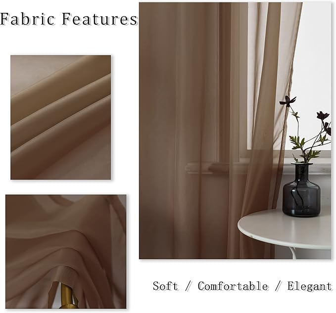 DUALIFE 2 Panels Chocolate Brown Semi Sheer Window Curtains Elegant Grommet Top Window Voile Drapes/Treatment Panels for Bedroom Living Room (52X96 Inches)
