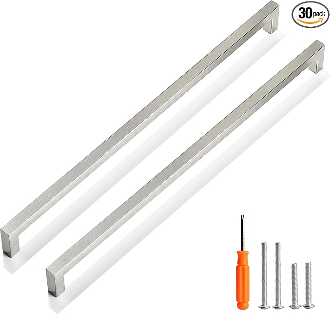 Cabinet Pulls Brushed Nickel Cabinet Handles Square Drawer Pulls, 30 Pack 15 Inch Stainless Steel Kitchen Door Cupboard Cabinet Handles, Cabinet Hardware Drawer Handles, 384mm Hole Centers