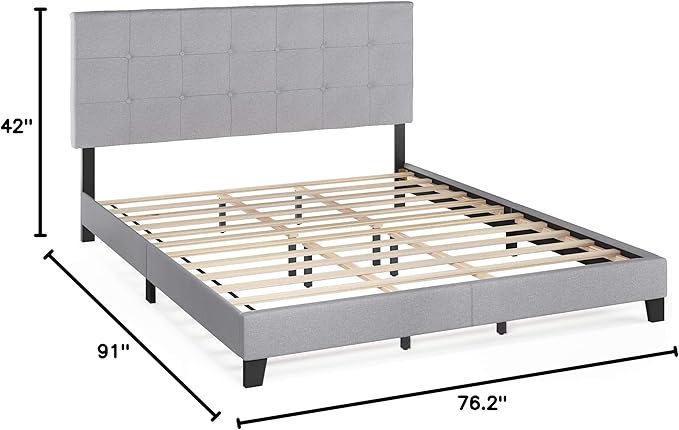 Furinno Laval Button Tufted Upholstered Platform Bed Frame, California King, Glacier