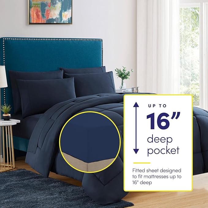 King Size Comforter Set with Sheets - 7-Piece Bedding Collection - 1 Comforter, 1 Fitted Sheet, 1 Flat, 4 Pillowcases - Deep Pocket - Soft & Premium Quality - Ideal for All Seasons, Navy Blue