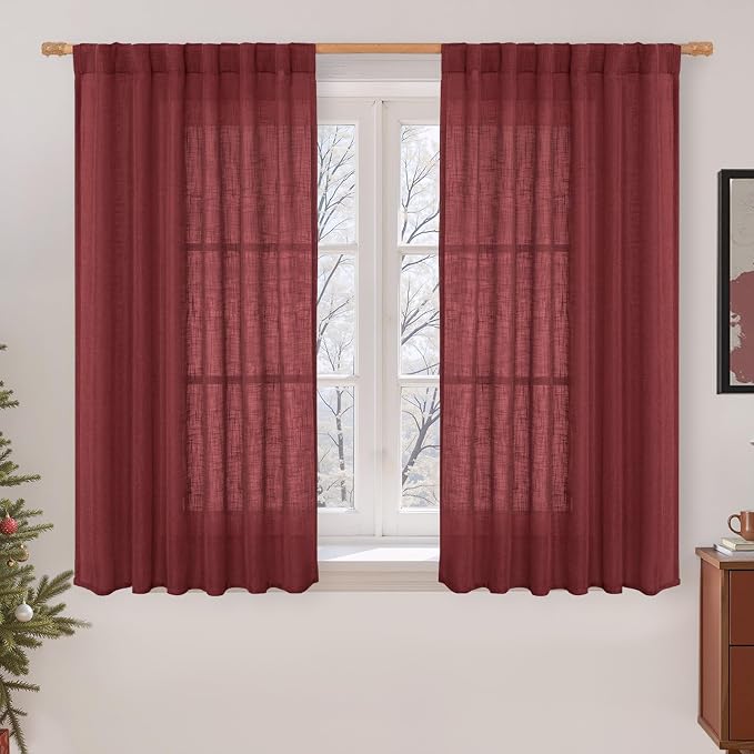Burgundy Red Linen Curtains 54 Inch Length 2 Panels by LAMIT