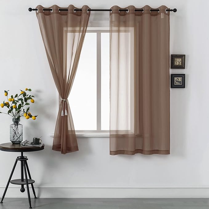 DUALIFE Sheer Curtains Light Filtering Solid Drapes for Window Curtains Sheer Grommet Top (Set of 2, 52 by 72Inch, Chocolate Brown)