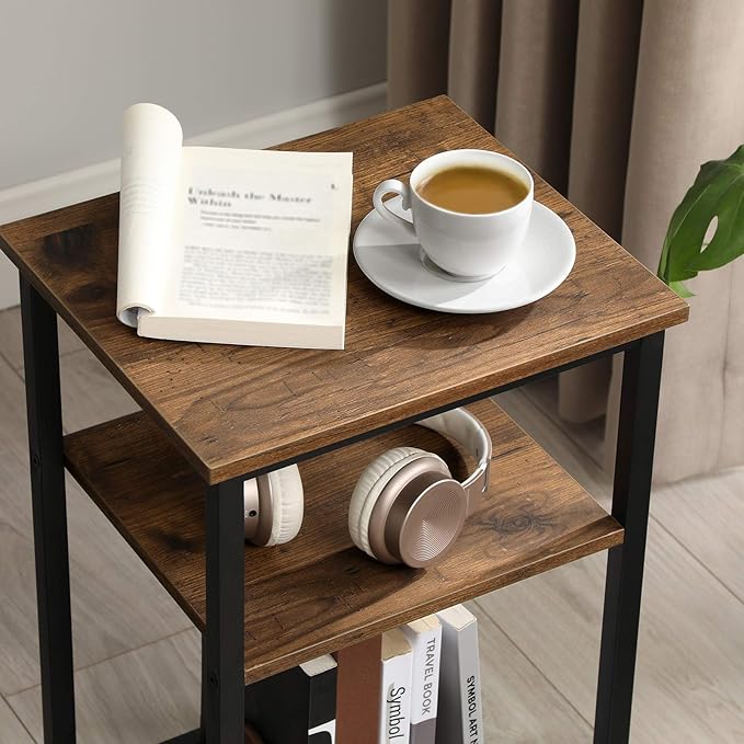 VASAGLE End Table Set of 2, 3-Tier Nightstands, Side Table for Small Space in Living Room, Bedroom, Steel Frame, Easy Assembly, 2-Pack, Chestnut Brown