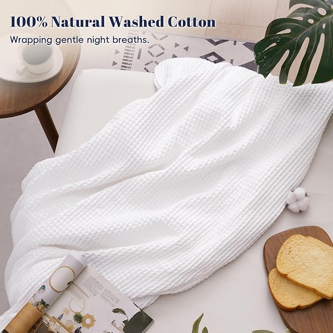 PHF 100% Cotton Waffle Weave Throw Blanket 50" x 60"-Lightweight Cozy Washed Soft Breathable Throw Blanket for Adults and Kids-Great Blanket Layer for Couch Bed Sofa-Elegant Home Decoration- White