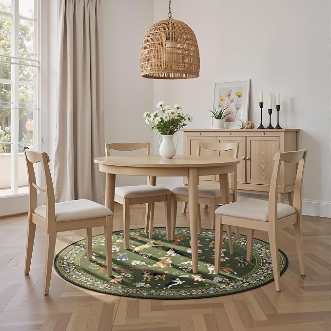 4Ft Round Dogs Area Rug for Living Room Bedroom | Stain Resistant; Non Slip; - Image 4