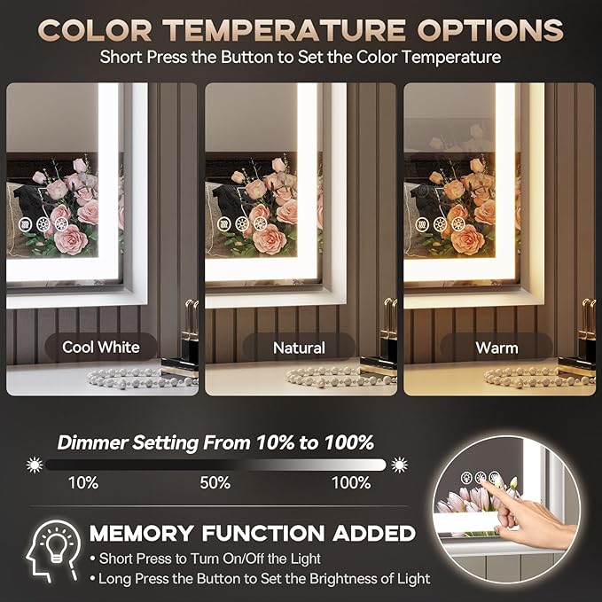 LED Bathroom Mirror, 24“x32“ Lighted Bathroom Mirror with Metal Framed, Extremely Bright LED Mirror for Bathroom, 3 Colors Dimmable, Anti-Fog, Memory, Wall Mounted Lighted Vanity Mirror