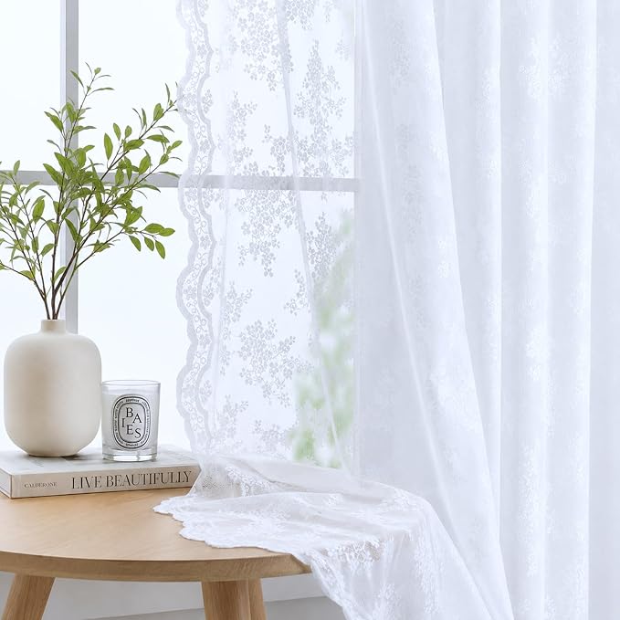 YJ YANJUN Vintage Lace Curtains 96 Inches Long Brilliant White 2 Panels | - Image 2