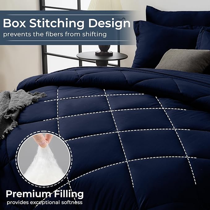 HEVUMYI Navy Blue Twin Comforter Set - 5-Piece All Season Bed in a Bag Twin, Ultra Soft Bedding Set with Comforter, Flat Sheet, Fitted Sheet, Pillowcases, Pillow Shams, Navy Blue