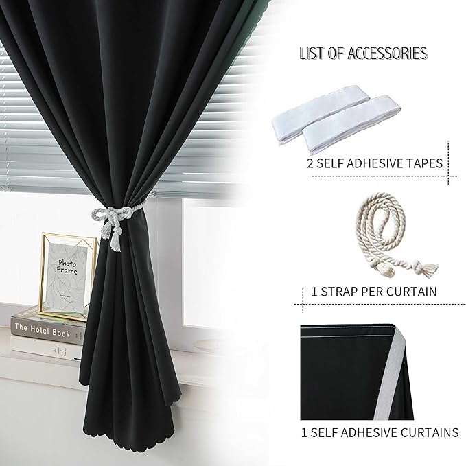 Thermal Blackout Curtains with Self Adhesive Tape No Rod No Drill Easy Install - Image 2