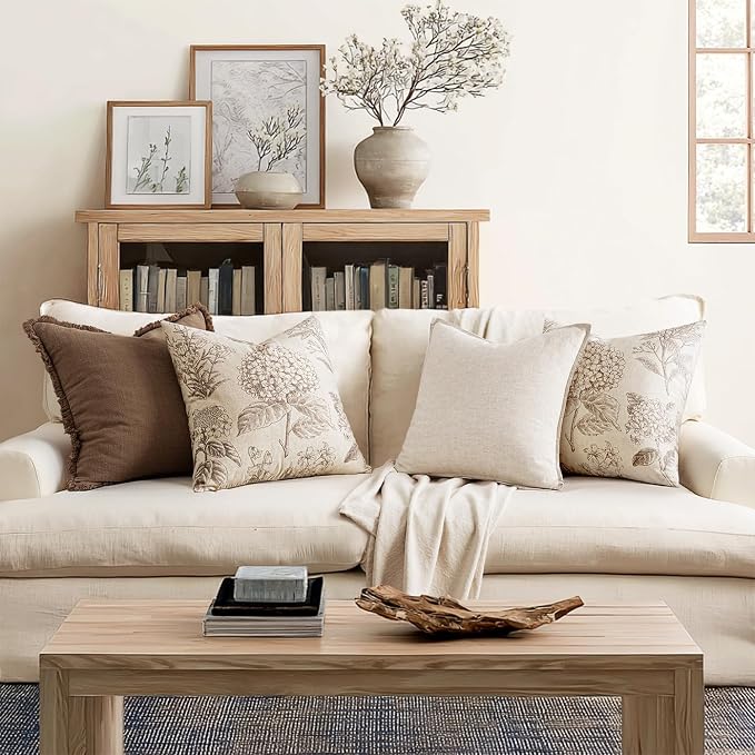 Set of 2 Decorative Floral Pillow Covers 16x16 Inch Light Brown | Neutral - Image 4