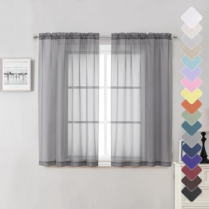 Charcoal Grey Sheer Curtains 54 Inch Length 2 Panels, Light Filtering Voile by Lecloud