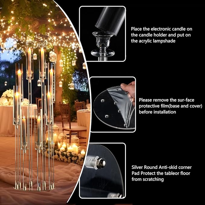 VINCIGANT 4PCS 8 Arms Clear Candelabra Candle Holder for Wedding Decorations,38.5 inches Tall Arcylic Candlesticks Holder with Shade for Table Dinner Party Fireplace Decoration