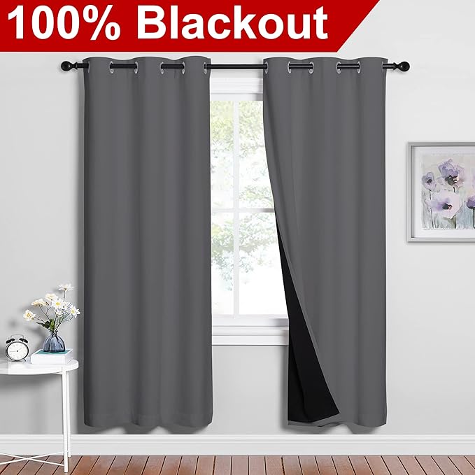 NICETOWN Grey Full Shade Curtain Panels, Pair of Energy Smart & Noise Blocking - Image 2
