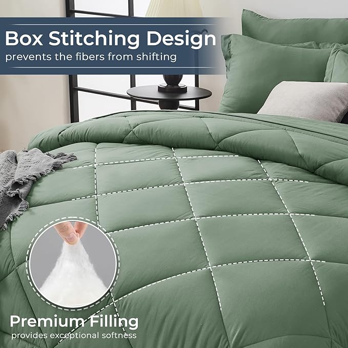 HEVUMYI Sage Green Full Comforter Set - 7-Piece All Season Bed in a Bag Full, Ultra Soft Bedding Set with Comforter, Flat Sheet, Fitted Sheet, Pillowcases, Pillow Shams, Sage Green