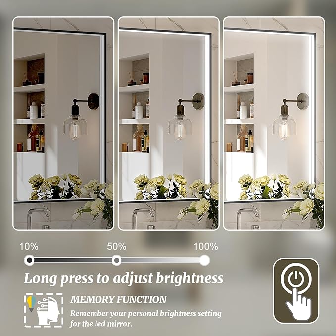55x32 Inch LED Bathroom Mirror, Black Metal Framed Lighted Mirror for Bathroom, Wall Mouted LED Vanity Mirror with Lights, 3 Colors and Stepless Dimmable, Anti-Fog, Memory