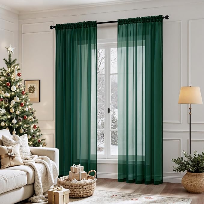 MIULEE Hunter Green Sheer Curtains 54 X 108 Inches, 2 Panels | Solid Color - Image 2