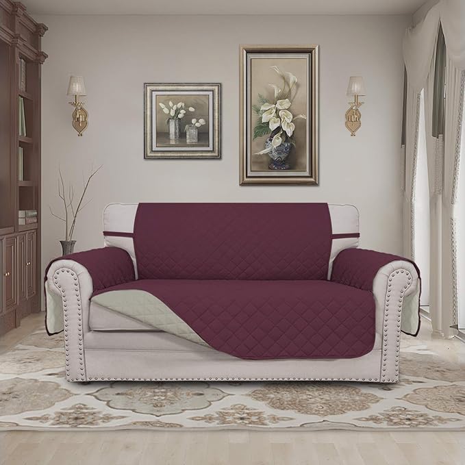 Easy-Going Reversible Couch Cover, 2 Cushion Sofa, Wine/Beige | Machine - Image 2